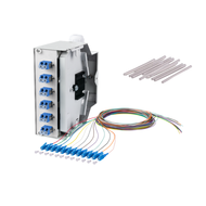 Boitier rail din équipé de 6 raccords LC duplex bleu, d'une cassette